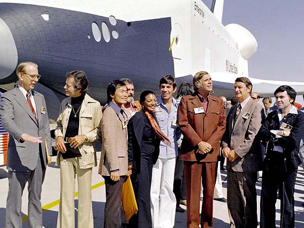 NASA’s orbiter Enterprise is greeted by members of the original Star Trek cast in 1976 at the Palmdale manufacturing facilties.