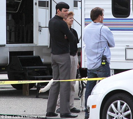 Zachary Quinto as Spock outside a trailer while filming the Star Trek sequel
