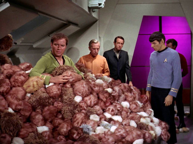 Kirk surrounded by Tribbles