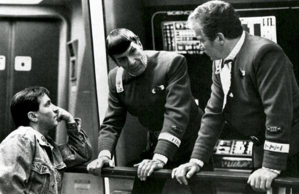 Meyer on the set of Star Trek II with Leonard Nimoy and William Shatner