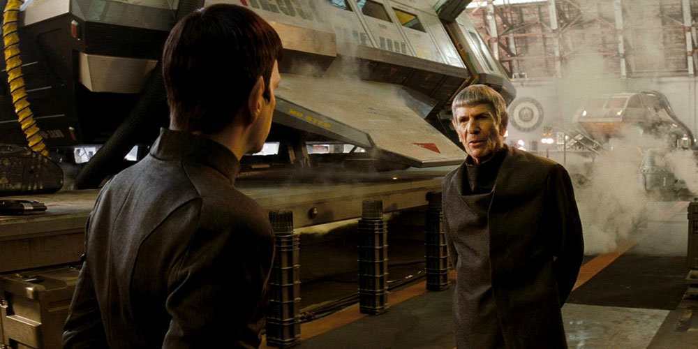Spock (Quinto) meets Spock Prime (Nimoy) in Star Trek (2009)