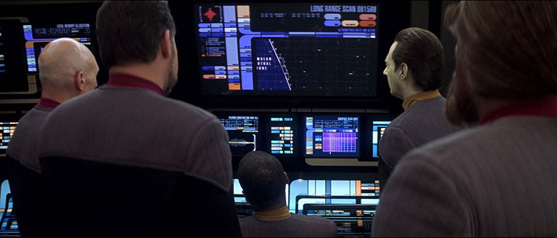 The crew of the Enterprise-E look upon a more advanced type of LCARS display seen in <em></noscript>Star Trek Nemesis</em>