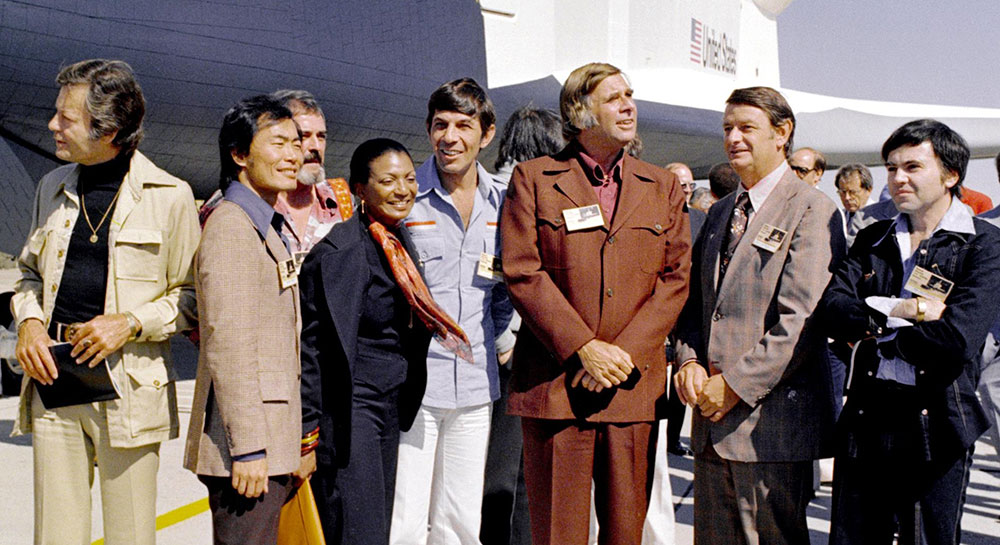 Roddenberry and the cast of Star Trek at the rollout of the Space Shuttle Enterprise in 1976