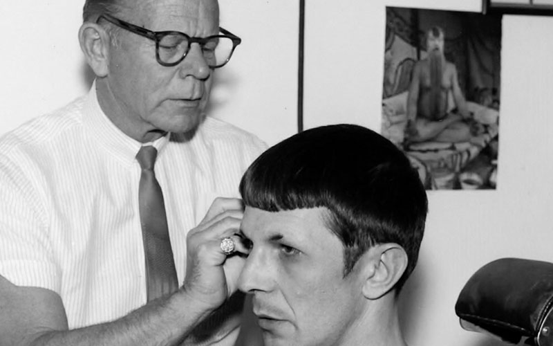 Nimoy having the Spock ears applied prior to shooting an episode of Star Trek