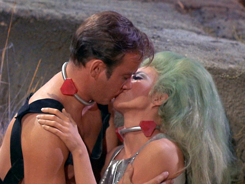 William Shatner as Kirk and  Angelique Pettyjohn as Shahna in The Original Series episode “The Gamesters of Triskelion”