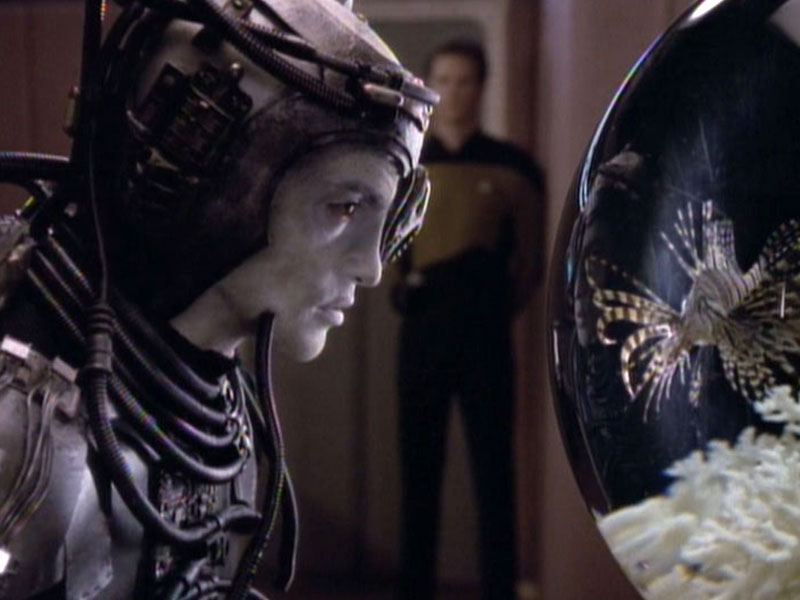 The Borg Hugh examines Picard’s fish Livingston