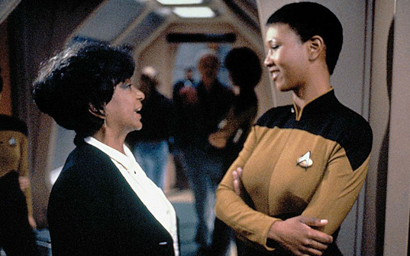 Astronaut Mae Jemison with Nichelle Nichols on the set of Star Trek: The Next Generation