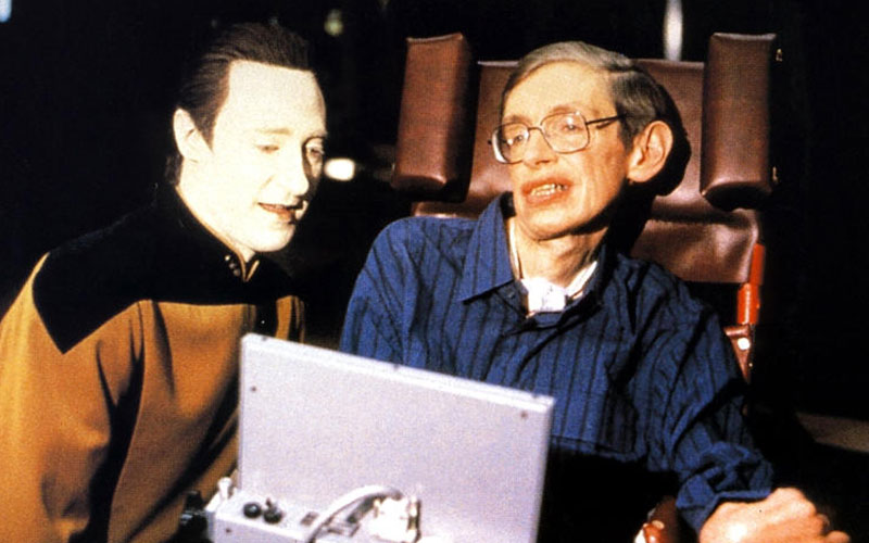 Professor Stephen Hawking with Brent Spiner on the set of Star Trek: The Next Generation