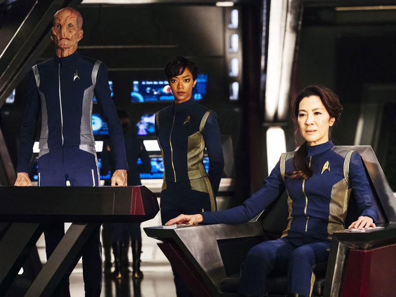 Doug Jones as Lt. Saru, Sonequa Martin-Green as First Officer Michael Burnham and Michelle Yeoh as Captain Philippa Georgiou