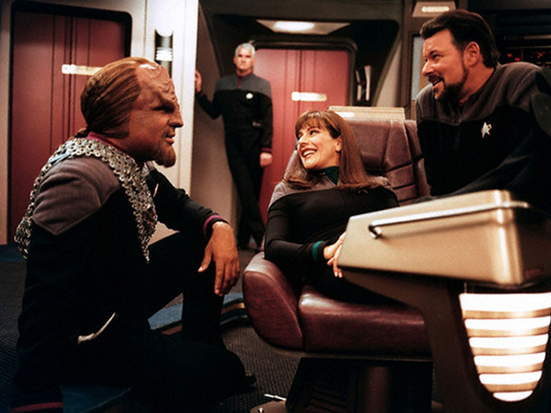 Michael Dorn as Worf, Marina Sirtis as Deanna Troi and Jonathan Frakes as William Riker on the set of the final TNG-era film Star Trek: Nemesis