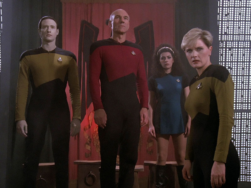 Brent Spiner as Data, Patrick Stewart as Jean-Luc Picard, Marina Sirtis as Deanna Troi and Denise Crosby as Tasha Yar in TNG’s premiere episode “Encounter at Farpoint”