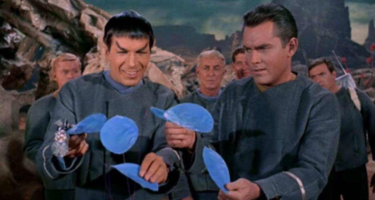 Leonard Nimoy as Spock and Jeffrey Hunter as Captain Christopher Pike
