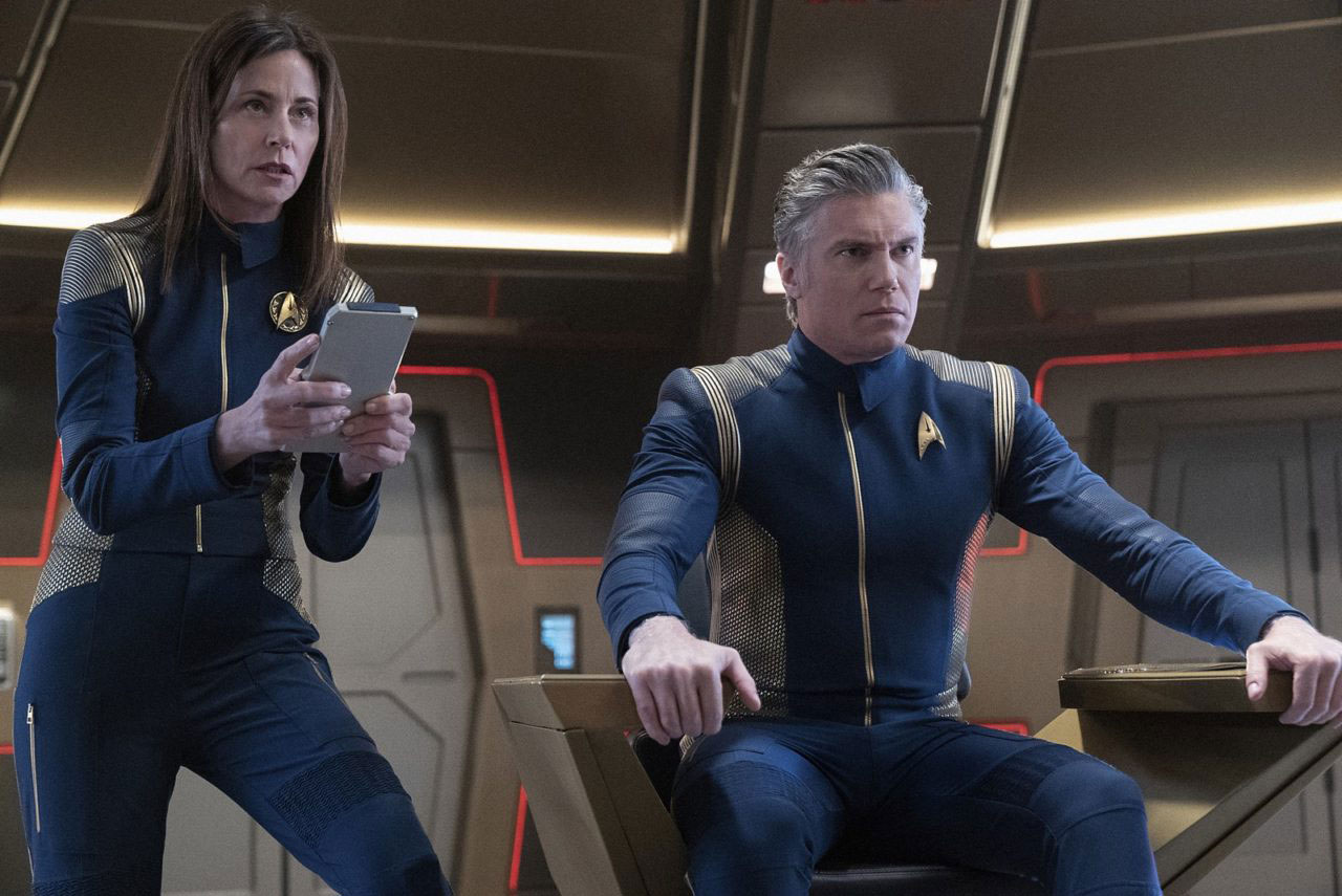 Jayne Brook as Admiral Katrina Cornwell and Anson Mount as Captain Christopher Pike