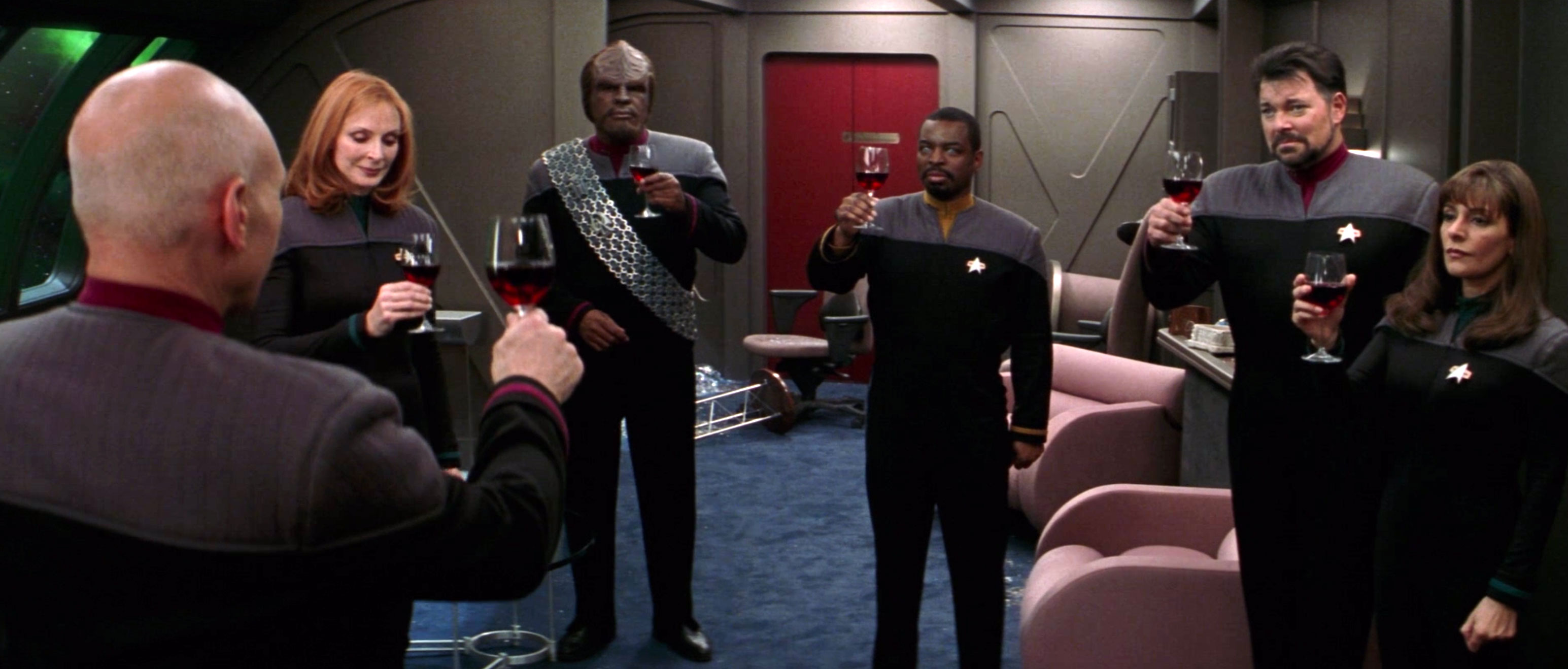“To absent friends.” Picard leads a toast after Data sacrifices himself in Star Trek: Nemesis