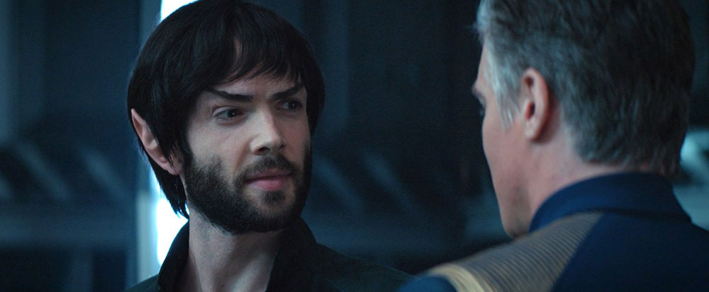 Ethan Peck as Spock, with Anson Mount as Captain Pike, on Star Trek: Discovery