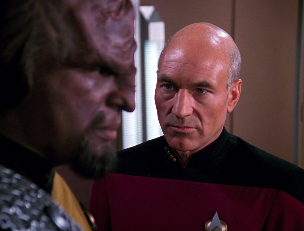 Dorn as Worf with Patrick Stewart as Jean-Luc Picard