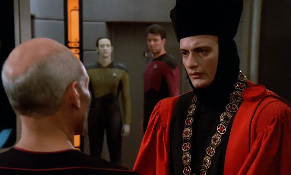 A scene from the TNG pilot “Encounter at Farpoint” which was co-written by Fontana