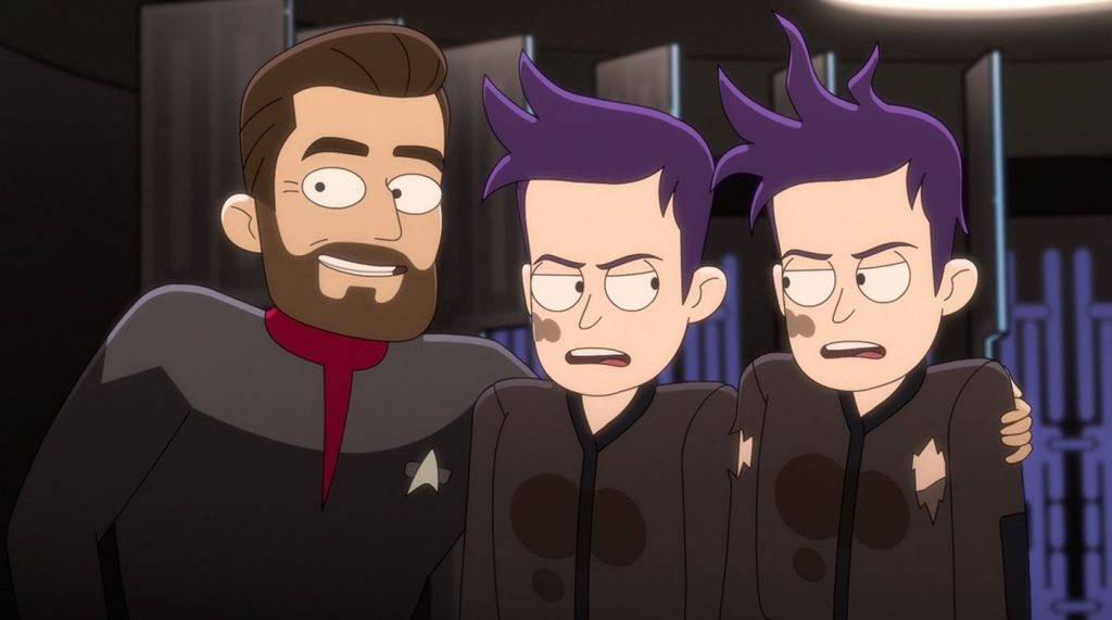 Jonathan Frakes as Capt. William T. Riker and Jack Quaid as the Boimlers
