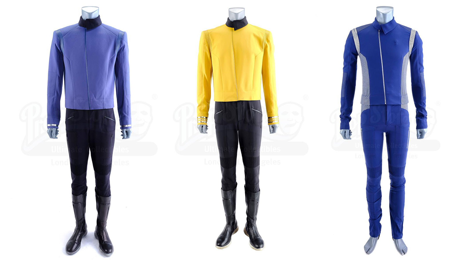 Spock’s (Ethan Peck) Science Uniform, Christopher Pike’s (Anson Mount) Captain Uniform, and Saru’s (Doug Jones) Science Uniform