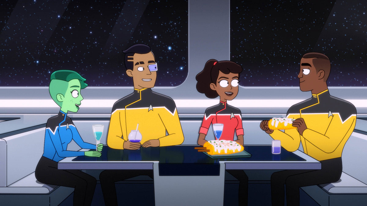 Noel Wells as Ensign Tendi, Eugene Cordero as Ensign Rutherford, Tawny Newsome as Ensign Beckett Mariner and Marcus Henderson as Lieutenant Jet