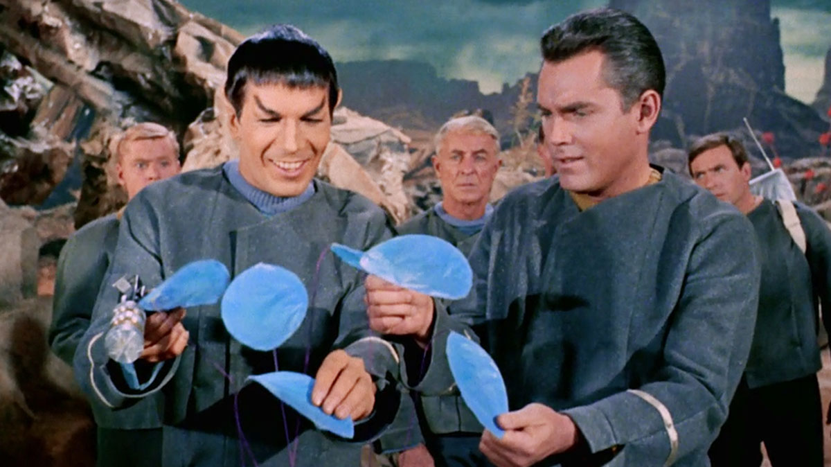 Leonard Nimoy as Spock along with Jeffrey Hunter as Captain Pike in the Star Trek pilot “The Cage”