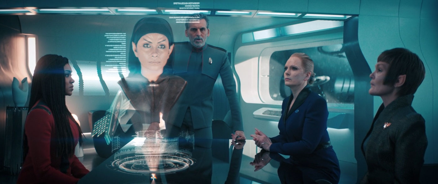 Sonequa Martin-Green as Burnham, Oded Fehr as Admiral Vance, Chelah Horsdal as President Laira Rillak and Tara Rosling as T’Rina