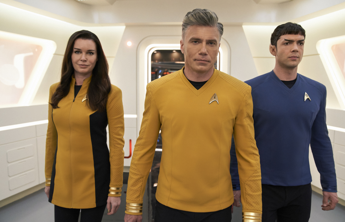 Rebecca Romijn as Una, Anson Mount as Pike and Ethan Peck as Spock