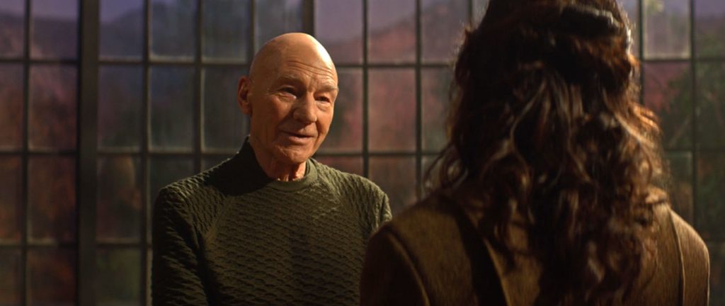 Patrick Stewart as Picard and Orla Brady as Tallinn
