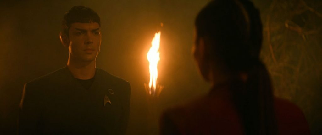 Ethan Peck as Spock and Christine Chong as La'an