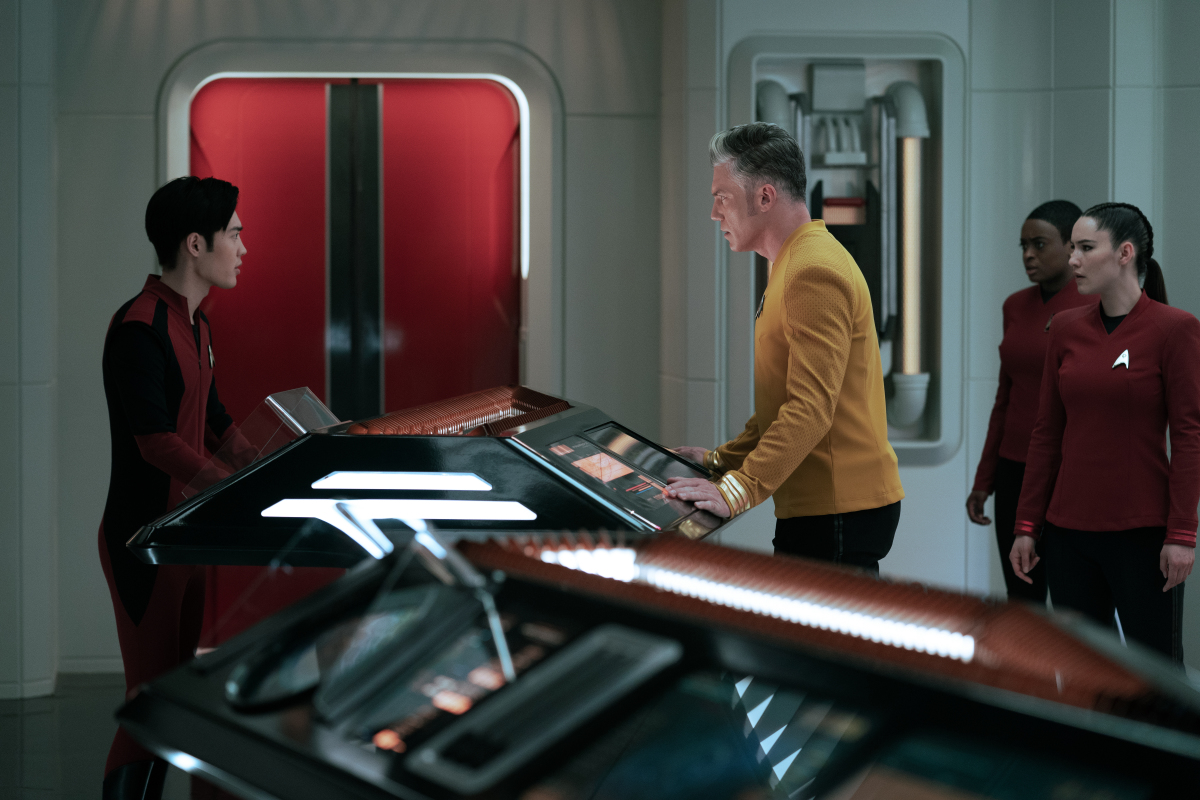Andre Dae Kim as Chief Kyle, Anson Mount as Pike, Celia Rose Gooding as Uhura, and Christine Chong as La'an