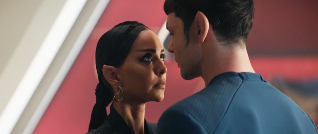 Gia Sandhu as T'Pring and Ethan Peck as Spock