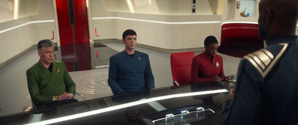 Anson Mount as Pike, Ethan Peck as Spock and Celia Rose Gooding as Uhura