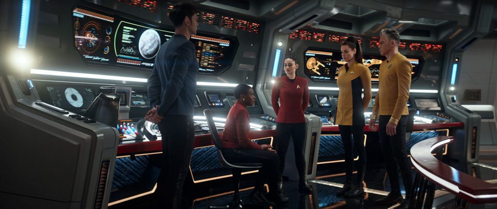 Ethan Peck as Spock, Celia Rose Gooding as Uhura, Christine Chong as La'an, Rebecca Romijn as Una and Anson Mount as Pike