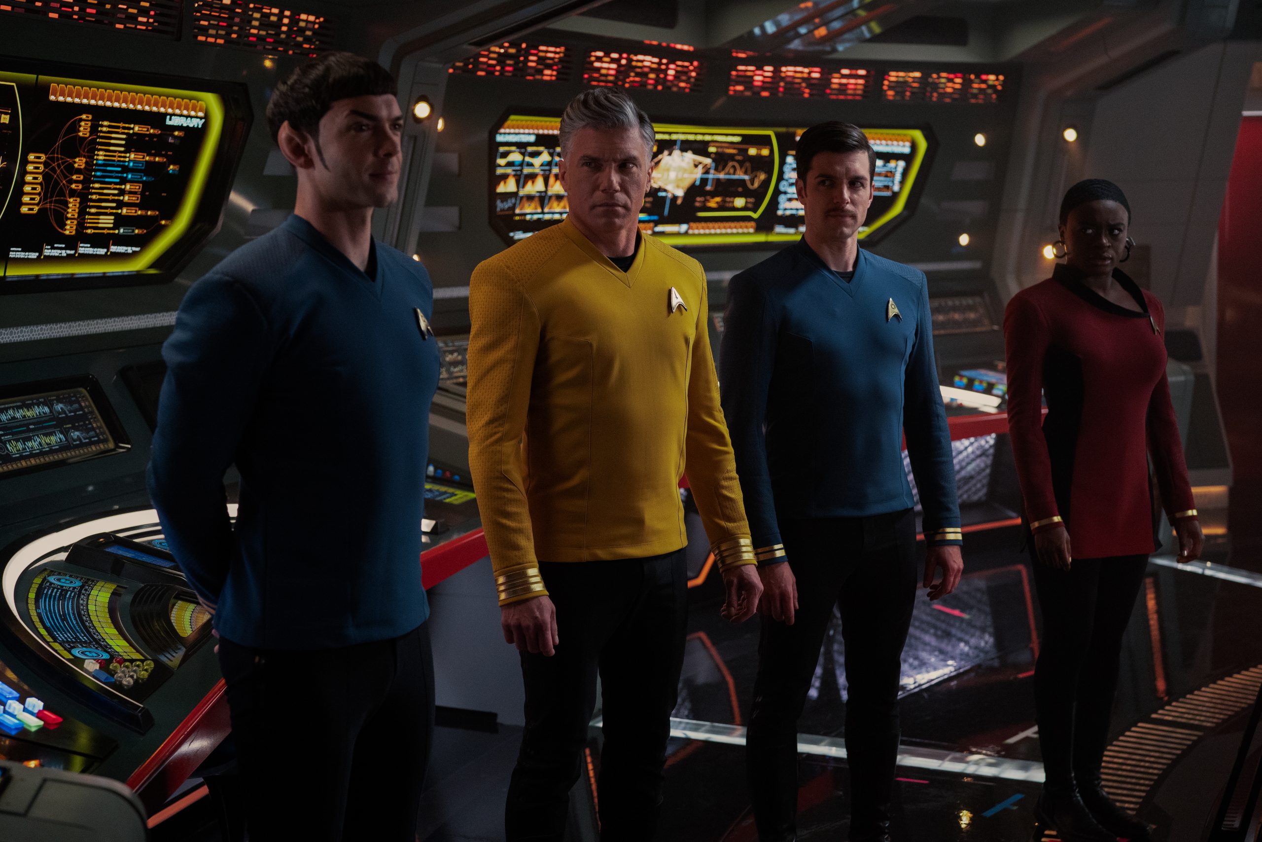 Ethan Peck as Spock, Anson Mount as Pike, Dan Jeannotte as Samuel Kirk, and Celia Rose Gooding as Uhura