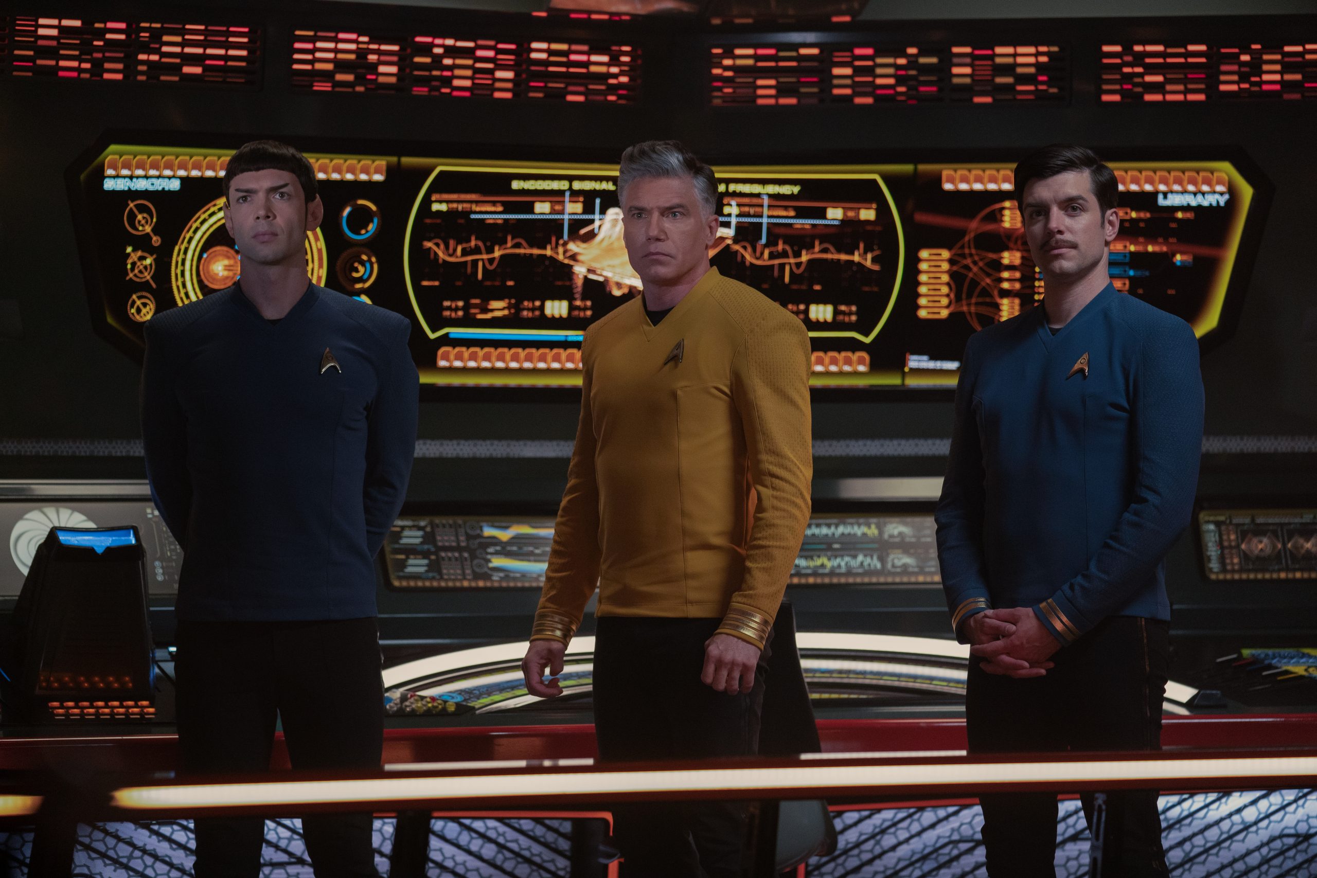 Ethan Peck as Spock, Anson Mount as Pike, and Dan Jeannotte as Samuel Kirk