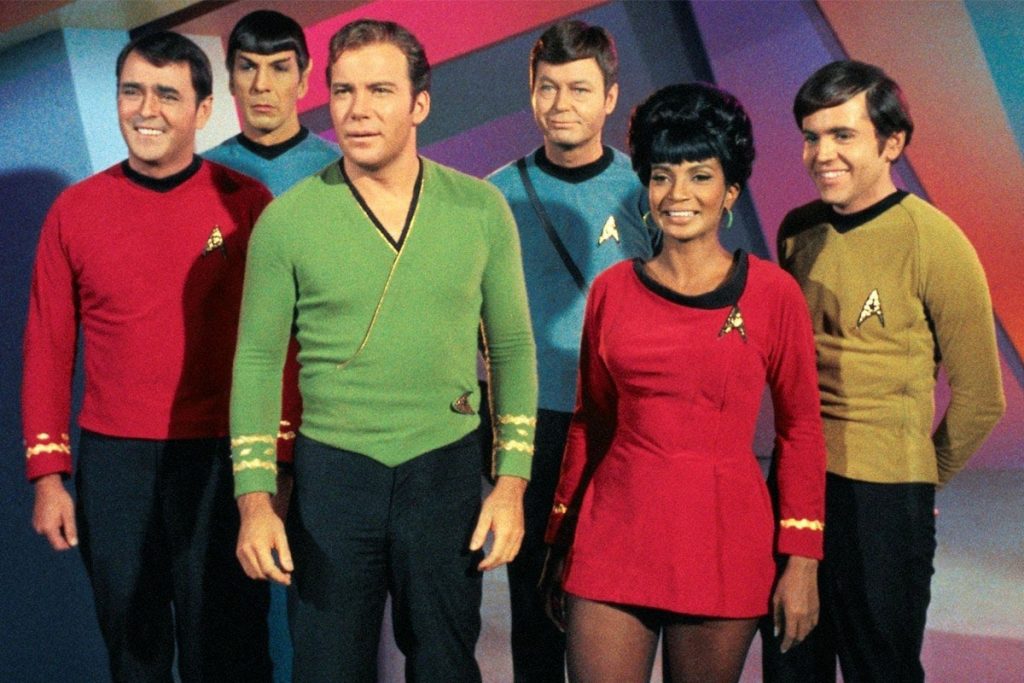The cast of Star Trek: The Original Series: James Doohan, Leonard Nimoy, William Shatner, DeForest Kelley, Nichelle Nichols and Walter Koenig