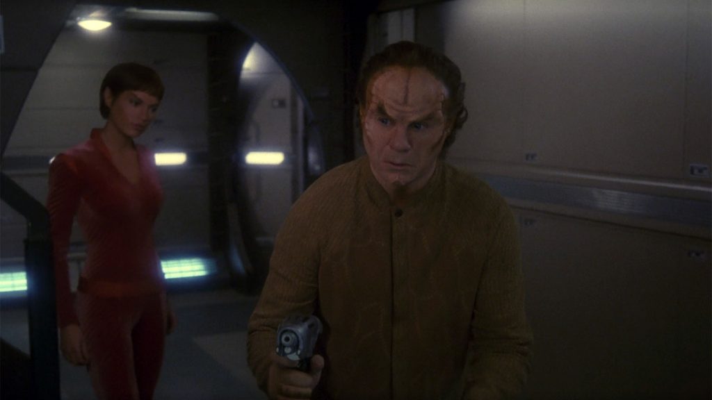 Jolene Blalock as T'Pol and John Billingsley as Dr. Phlox on Enterprise