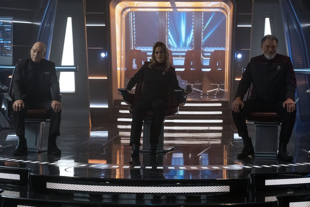 Patrick Stewart as Picard, Jonathan Frakes as Riker and Jeri Ryan as Seven of Nine