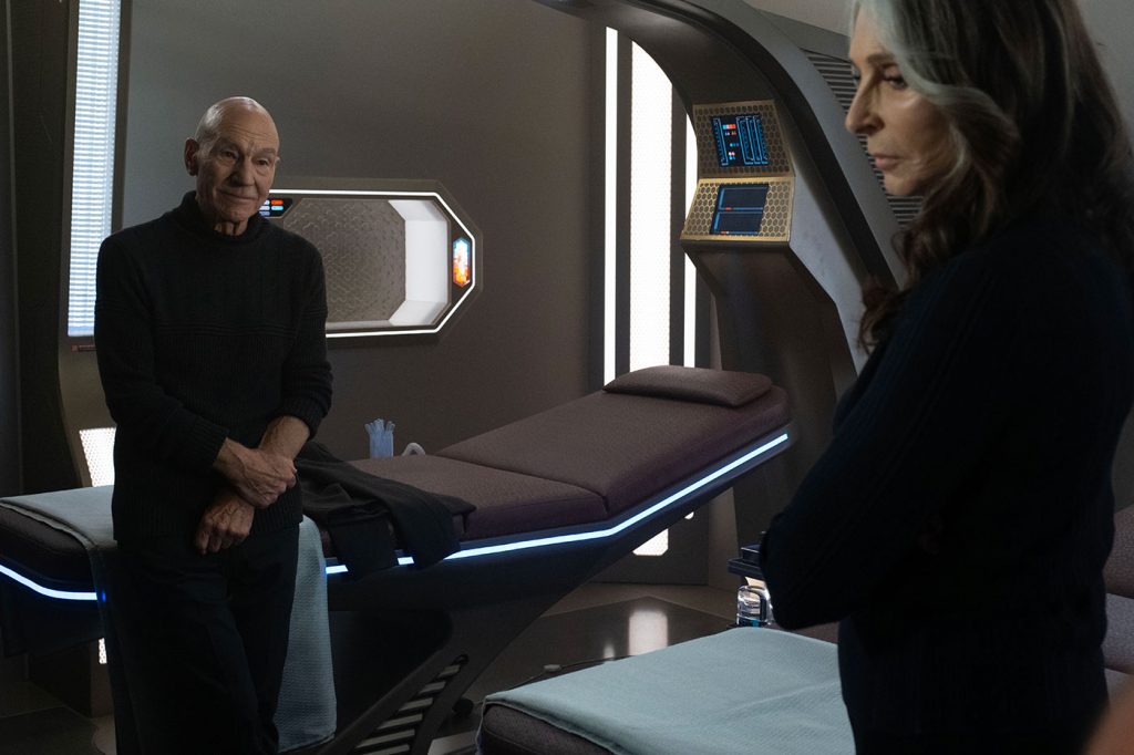 Patrick Steward as Picard and Gates McFadden as Dr. Beverly Crusher in 