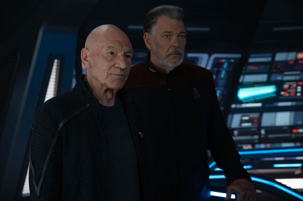 Patrick Stewart as Picard and Jonathan Frakes as Will Riker