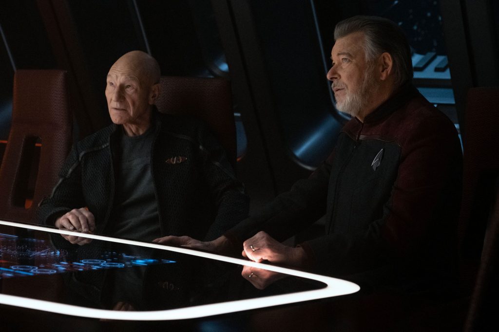 Patrick Stewart as Picard and Jonathan Frakes as Will Riker