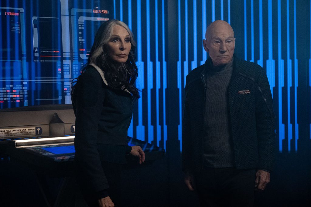 Patrick Stewart as Picard and Gates McFadden as Dr. Beverly Crusher