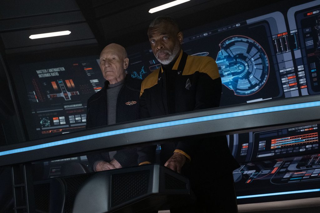 Patrick Stewart as Picard and LeVar Burton as Geordi La Forge