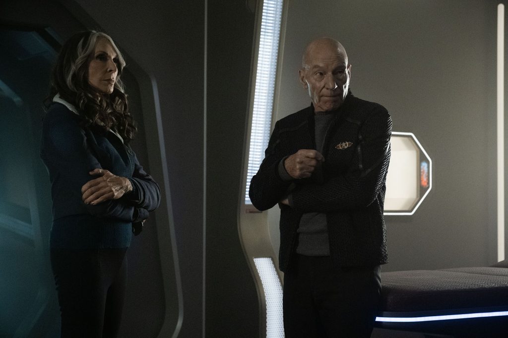 Gates McFadden as Dr. Beverly Crusher and Patrick Stewart as Picard