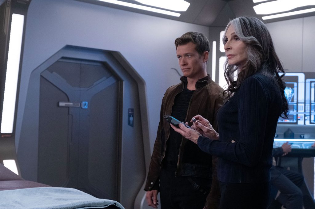 Ed Speleers as Jack Crusher and Gates McFadden as Dr. Beverly Crusher