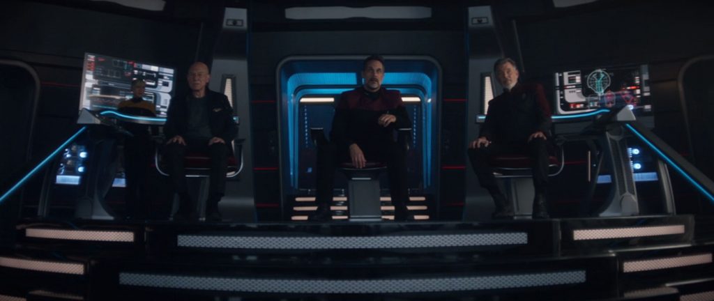 Patrick Stewart as Picard, Todd Stashwick as Captain Shaw and Jonathan Frakes as Riker