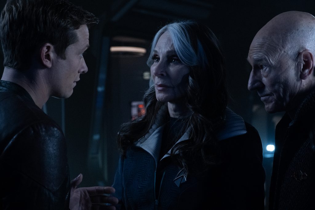 Ed Speleers as Jack Crusher, Gates McFadden as Dr. Beverly Crusher and Patrick Stewart as Picard