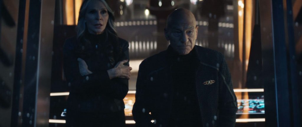 Gates McFadden as Beverly Crusher and Patrick Stewart as Picard