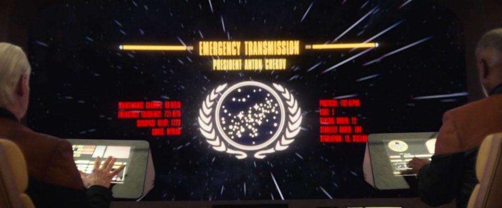 The crew of the Enterprise-D receives an Emergency Transmission from Federation President Anton Chekov.