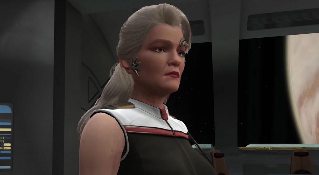 Kate Mulgrew as a Mirror Universe Janeway in Star Trek: Online: Shadow's Advance